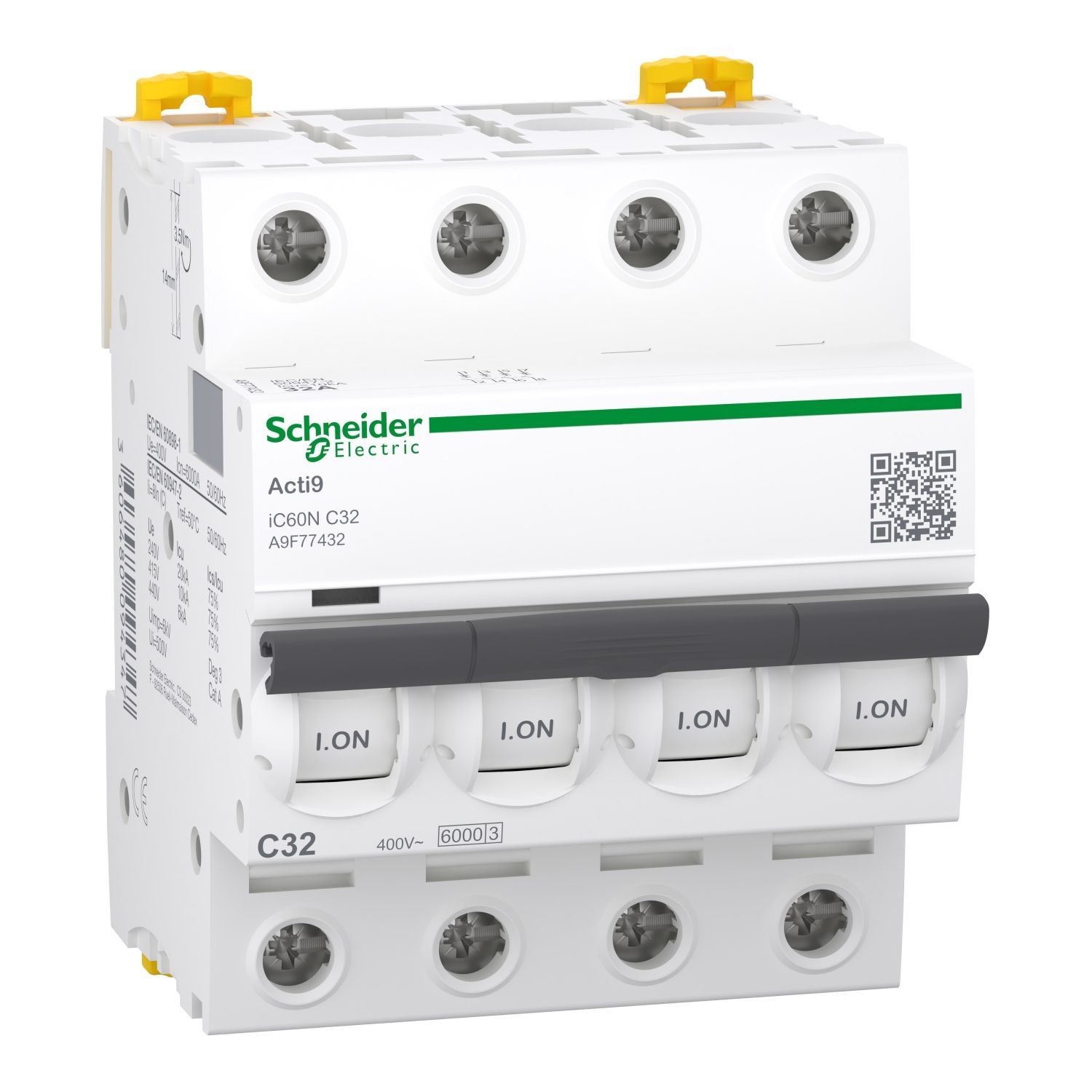 Disjoncteur tétrapolaire 4P 32A Courbe C - 4 modules - 10kA - Schneider Electric Acti9 iC60N
