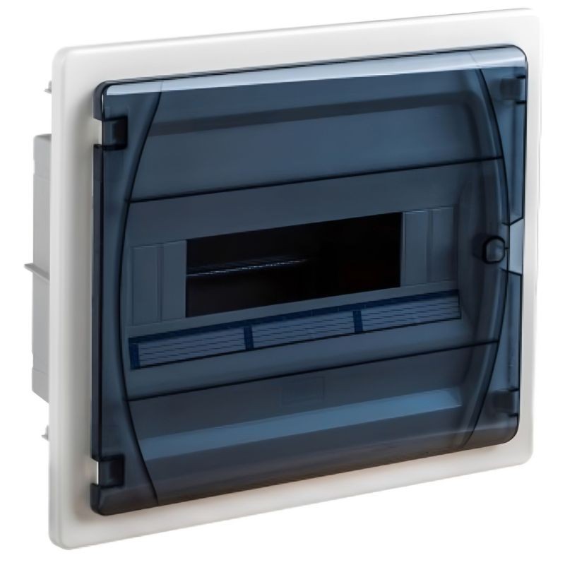Coffret électrique encastrable 12 modules 1 rangée - porte transparent - avec bornier Neutre, Terre